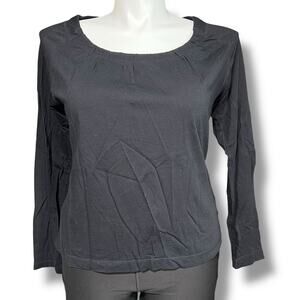 ana Womens T Shirt Top Long Sleeve Round Pleated Neckline Lightweight Black XL